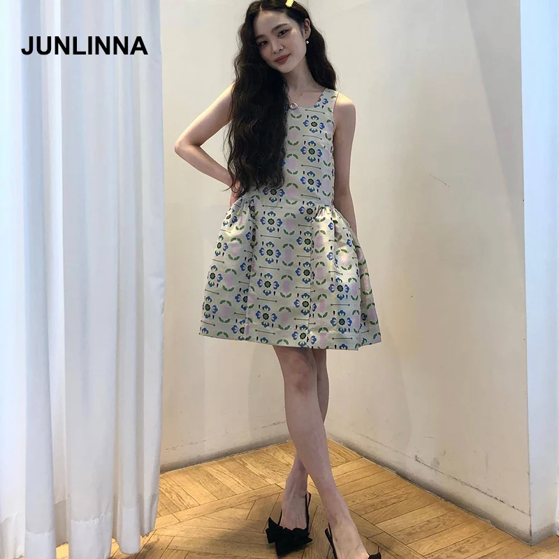 JUNLINNA Women Ball Gown Dresses 2022 Summer New Square Tank Fashion Princess Vestidos Elegant Printing High Street