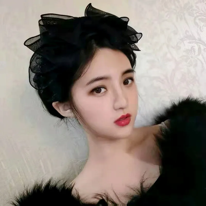 

Korean version of the new hair accessories headband high-grade lace mesh gauze edge non-slip plaid bow headhoop women