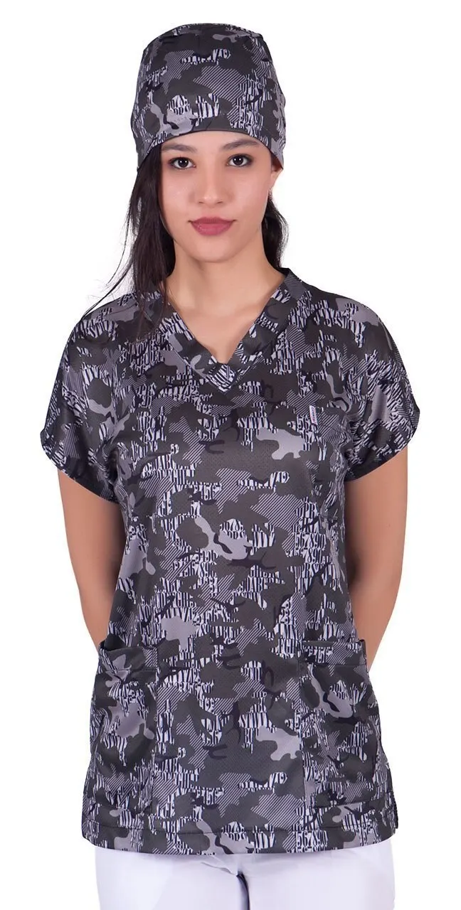 Women's dark camouflage patterned single top No:22 doctor veterinary nurse surgeon dentist