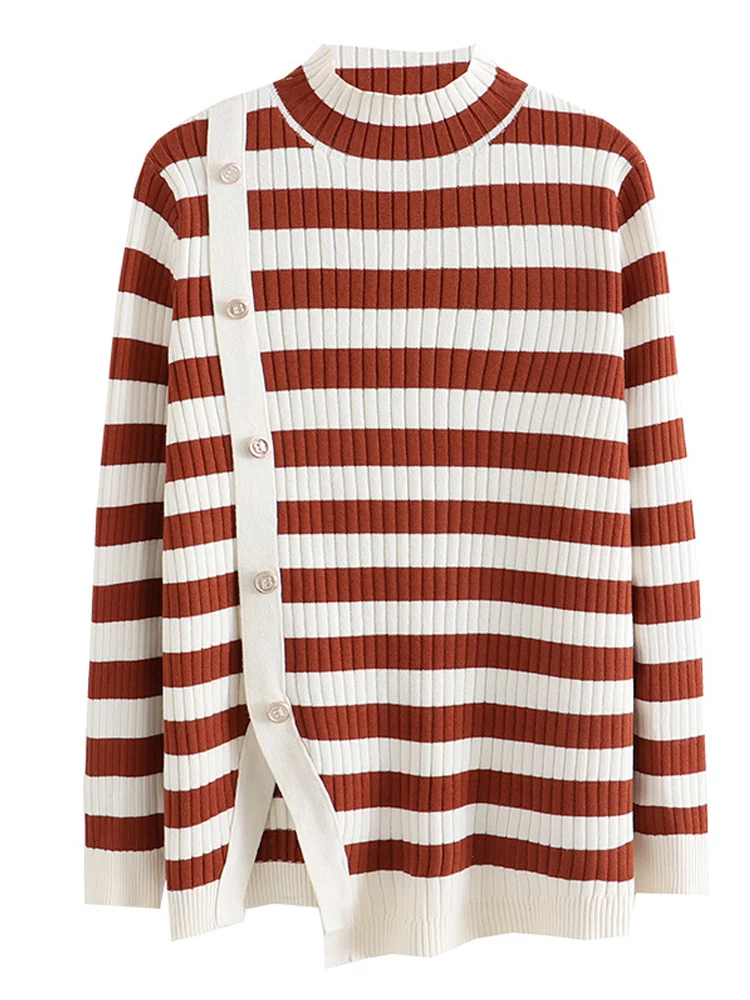 

Women's Autumn And Winter New Thick Pullover Knitted Half High Collar Breasted Slit Black And White Stripes Vintage Sweater Top