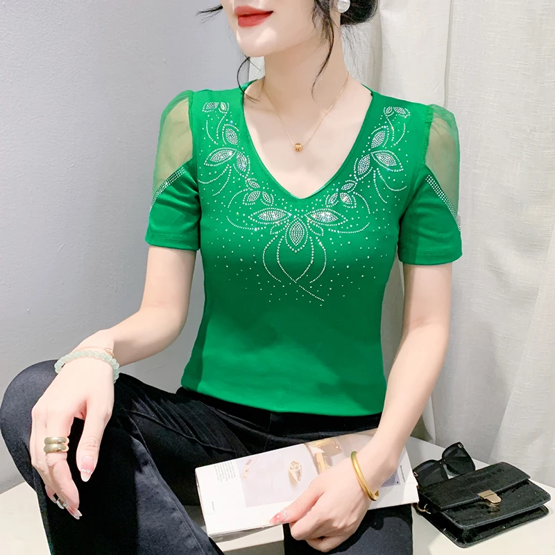 Ozhouzhan Summer New Heavy Industry Hot Drilling Short sleeve T-shirt Women Slim fit Sexy V-neck Mesh Patchwork Backless Top ...