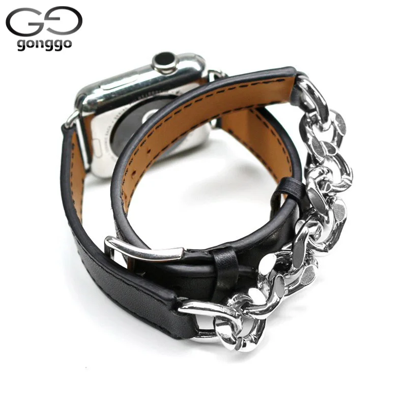 Leather Gourmette Metal Double Tour Strap For Apple Watch Band 49mm 41mm 45mm 40mm Leather Bracelet for iWatch series 8 7 6 SE 5