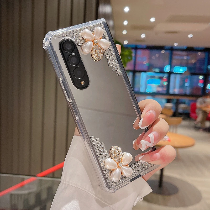 

Luxury 3D Diamond Pearl Flower Phone Case For Samsung Galaxy Z Fold 4 3 Rhinestone Makeup Mirror Soft TPU Frame Shockproof Cover