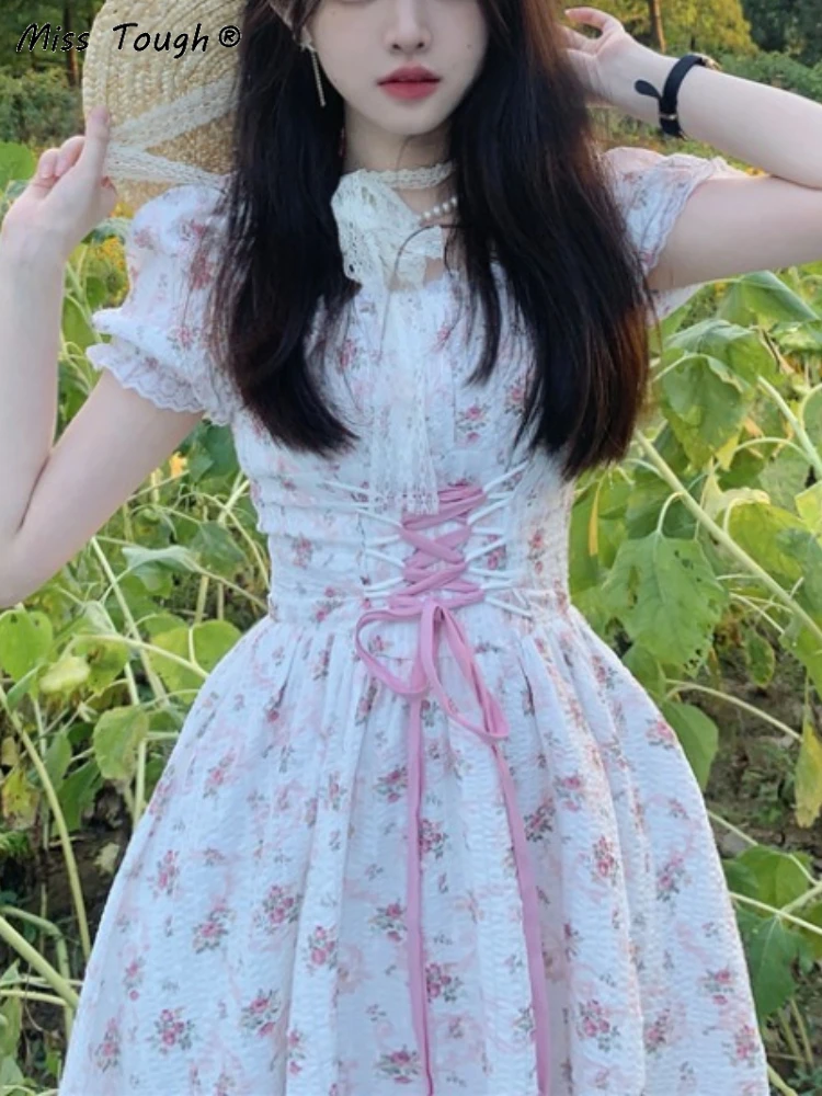 

Летнее милое сказочное платье с цветочным принтом 2022, французское винтажное элегантное платье с кружевом и пышными рукавами, корейские веч...