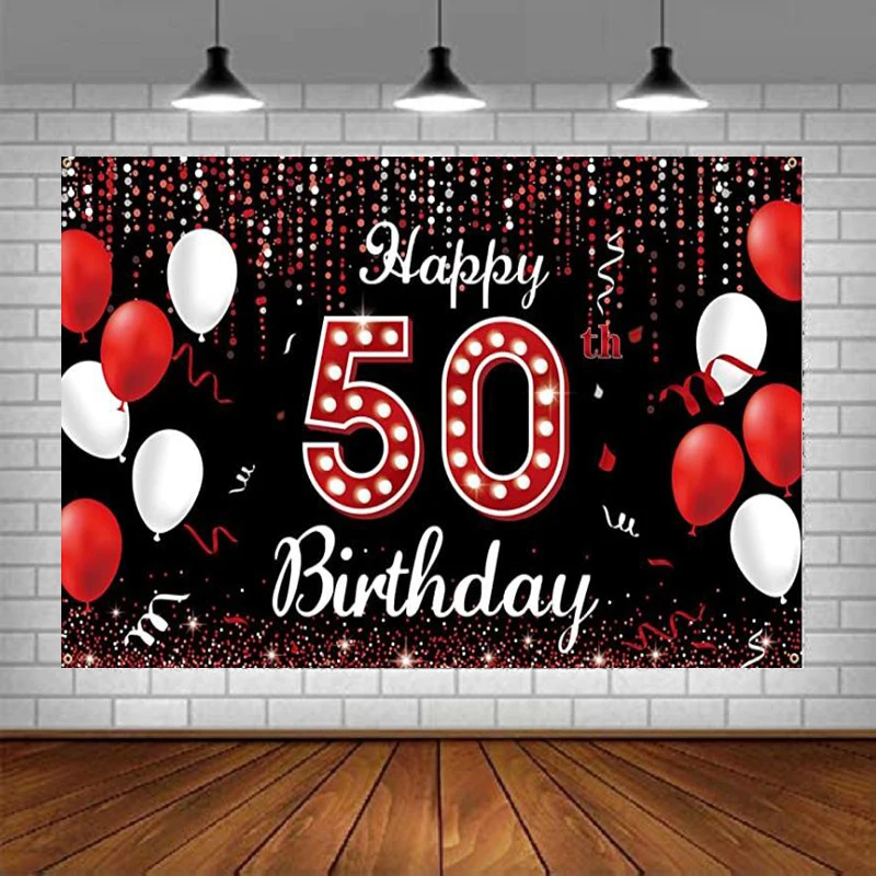 

50th Birthday Party Decoration Photography Backdrop Banner Red Black White Balloon Background Photo Booth Props