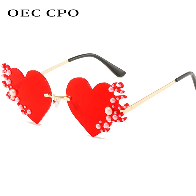 

OEC CPO 2022 Heart Pearl Sunglasses Women Unique Fire Flame Frameless Sun Glasses Female Fashion Rimless Eyewear UV400 oculos