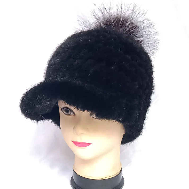 2022 Fashion Real Mink Fur With Real Fox Fur Pompom Women Thick Warm Winter Genuine Mink Fur Cap With Fox Fur Ball Female