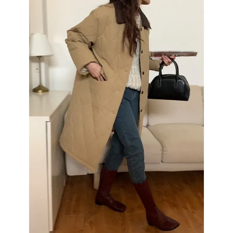 Collar Color Contrast Long Cotton Jacket Women Oversize Rhombus Pattern Long Parkas Female Warm Long Cotton Overcoat Outwears