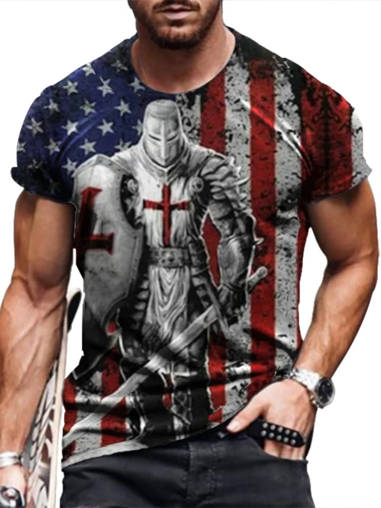 

Fashion USA Flag Stripes 3D Print Men T Shirt Summer Round Neck Knight Henley Shirt Cool Oversize Muscle Streetwear Men Clothing