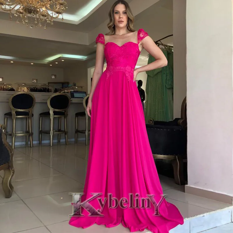 

Kybeliny Pink Aline Evening Dresses Cap-Sleeve SCOOP Prom Robe De Soiree Graduation Celebrity Vestidos Fiesta Women Formal