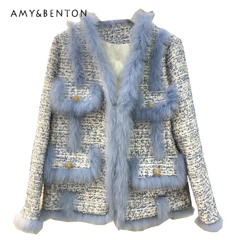 Women's Wool Stitching Tweed Coat Temperament Wild White Duck Down Jacket for Ladies Thickened Winter Elegant Down Coats