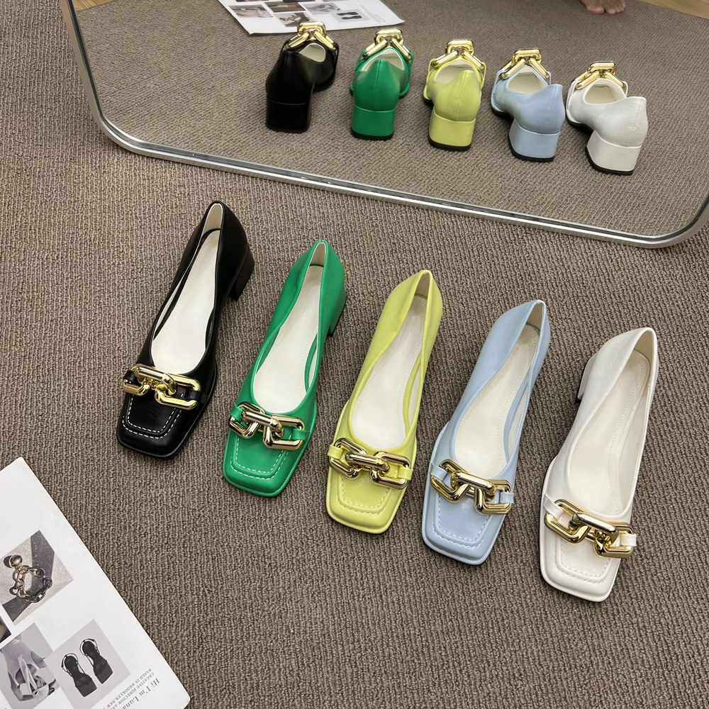 

Square Head Metal Chain Candy Color Women's Shoes 2022 Spring and Autumn Shallow Mouth Thick High-heeled Women's Shoes Baotou