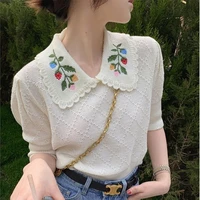 2021 new embroidery paragraphs short thin sweater new spring and summer female hedge short sleeve blouse short pullover top