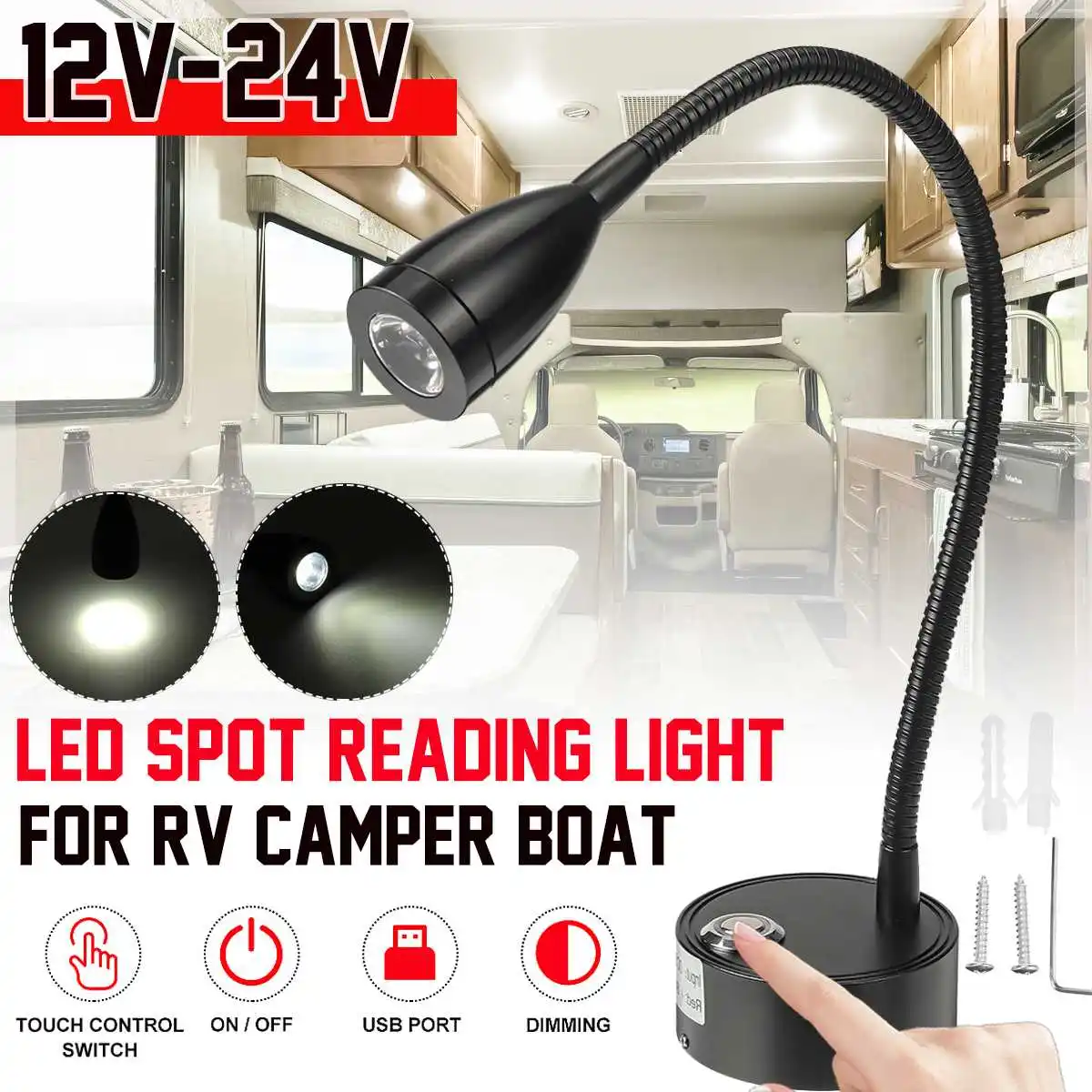 

RV Boat LED Reading Light Dimmable Flexible Gooseneck Wall Lamp DC12V 24V For Truck Motorhome Yachts Cabin With USB Charger Port