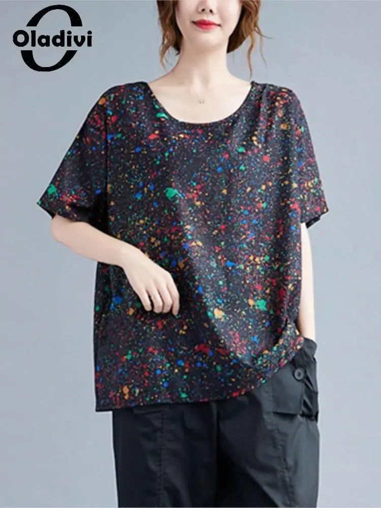 

Oladivi Women Fashion Print Short Sleeve Top Blouses 2022 Summer New Casual Loose Shirts Female Oversized Clothing 1678 3XL 4XL