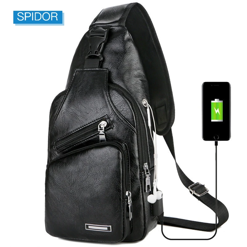 USB Charging Chest Bag With Headset Hole Mens Multifunction Single Strap Anti Theft Chest Bag With Adjustable Shoulder Strap
