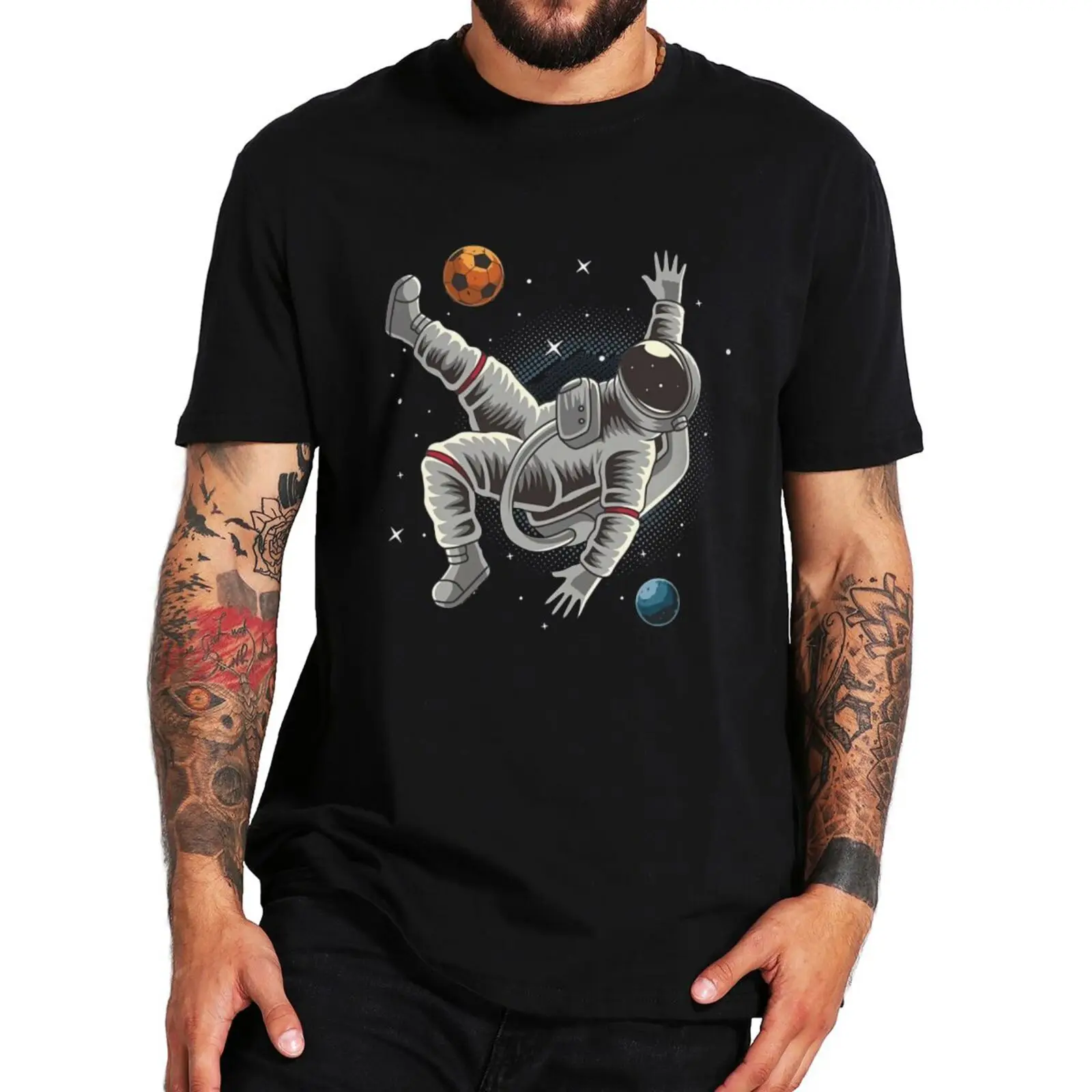 Купи Cool Astronaut Print T Shirt Funny Astronomy Lovers Cartoon Tee Tops EU Size 100% Cotton Unisex Casual O-neck T-shirt за 539 рублей в магазине AliExpress