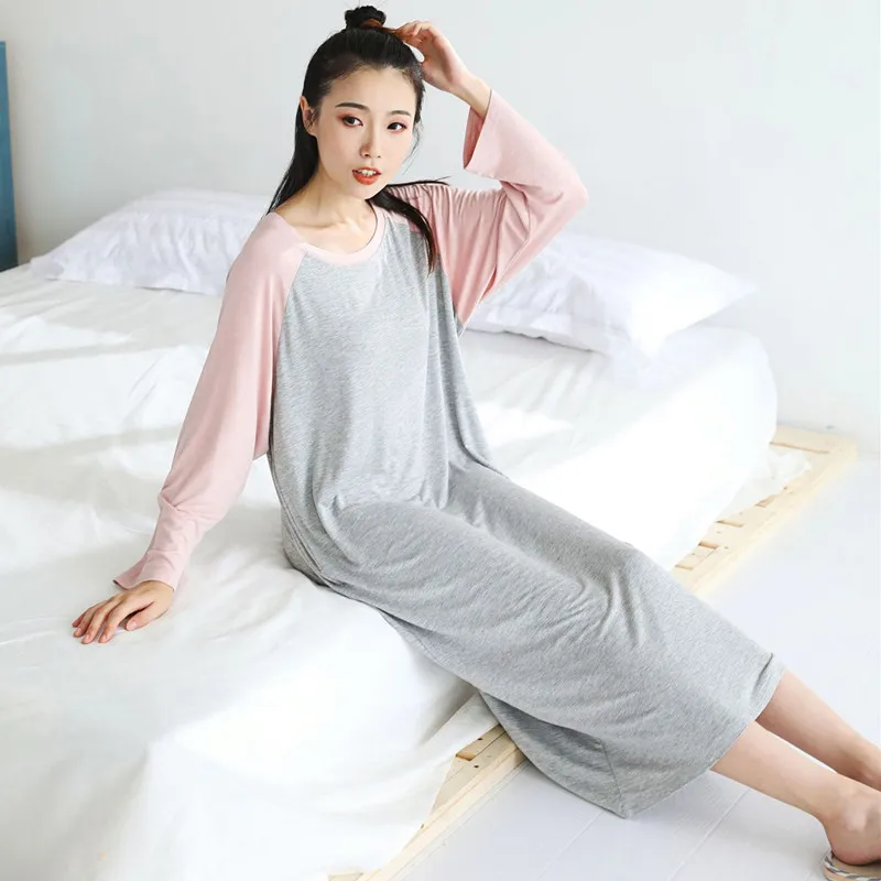 Korean Version Loose Nightdress Women Long Sleeve Modal Round Neck Sleep Dress Matching Color Nightshirt Female Sleepwear