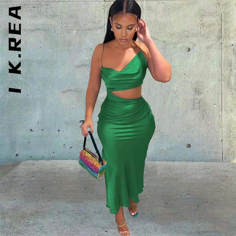 

I K.Rea Women New Dress Hollow Out Bodycon Stain Green Long Dress Chic Female Vestidos Women Clothing