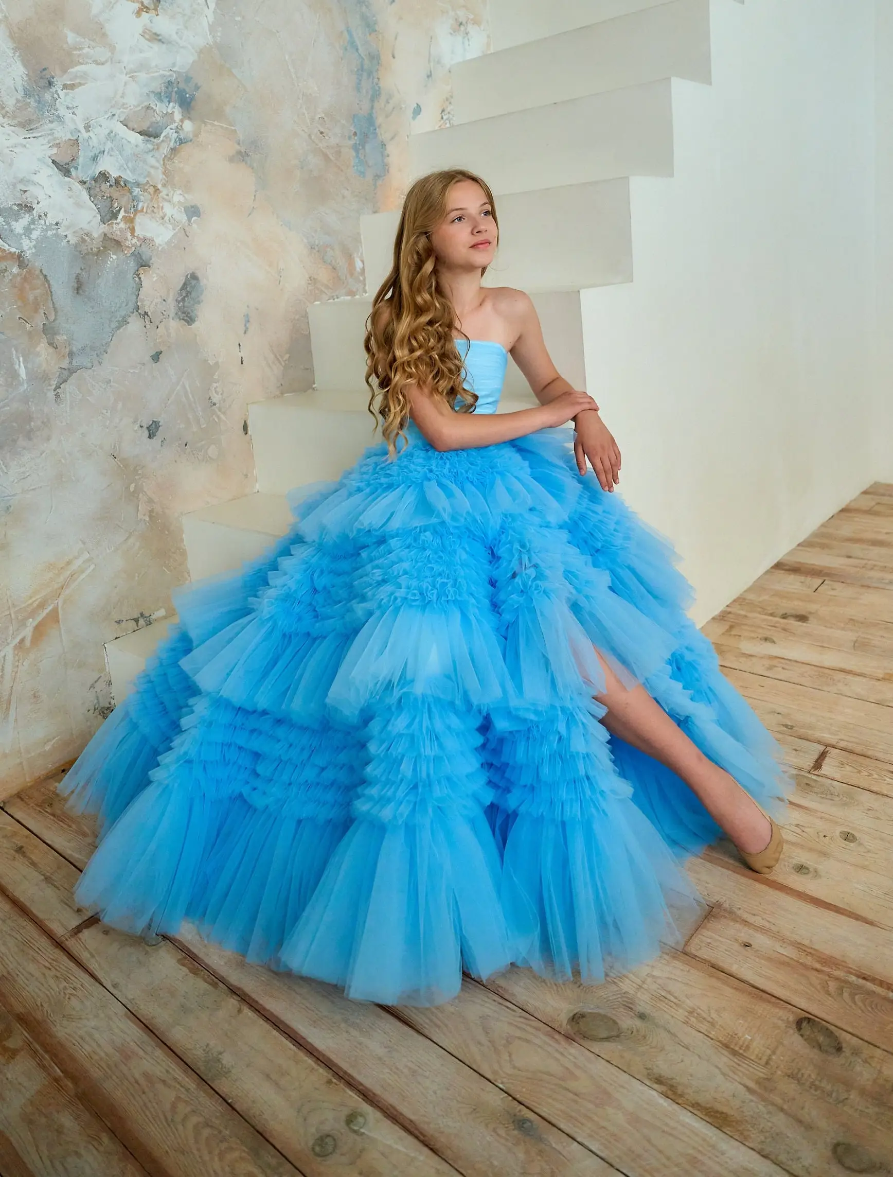 Платье с цветочным узором для девочек на свадьбу тюль цвета слоновой кости