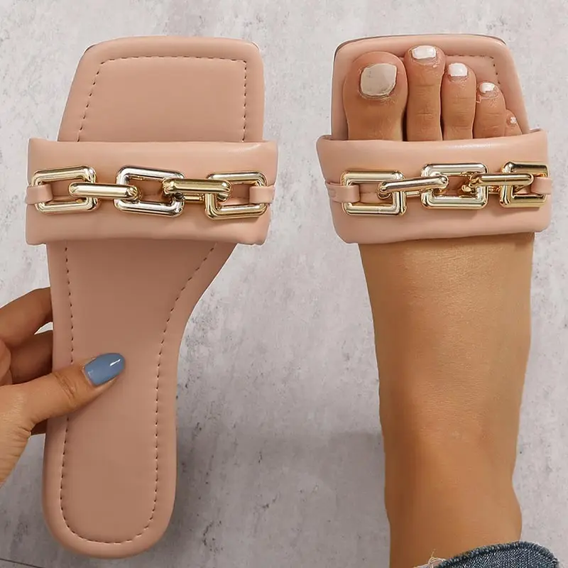 

PU Leather Women's Square Flat Shoes Summer Fashion Chain Flip Flops Female Open Toe Luxury Slippers Girls Casual Slides Sandals