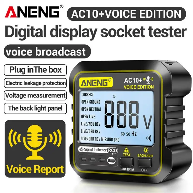 

ANENG AC10 Digital Socket Tester Voltage Test Socket Detector Voice Broadcast Display Outlet Checker EU US Plug Ground Zero Line