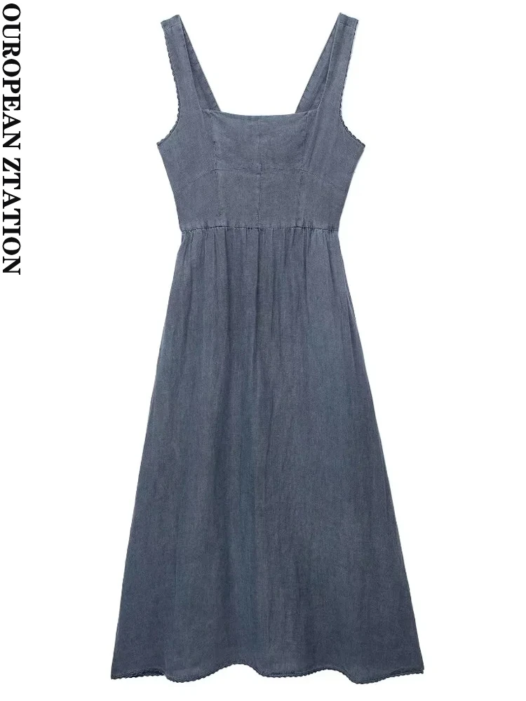 

PAILETE Women 2023 fashion with straight neck linen midi dress vintage wide straps backless smocked zipper female dresses mujer