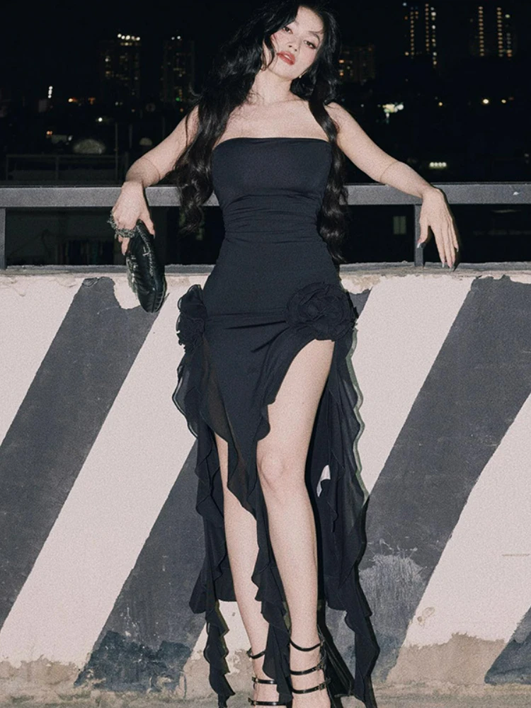 

Black Strapless Midi Dress Women Fashion Irregular Ruffles Y2K Fairy Dress Sexy Backless Split Party Club Outfits 2023 Summer