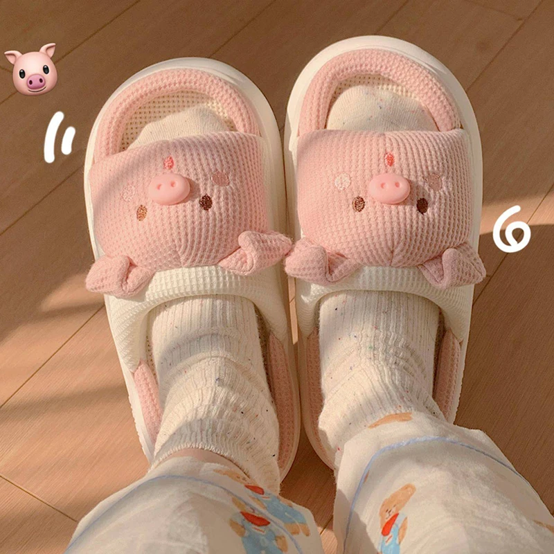Hemp Women Slippers Cute Pink Piglet Modeling Design  Home Cotton Flax Ladies Casual Shoes Non-slip Bedroom Woman Slides Shoes