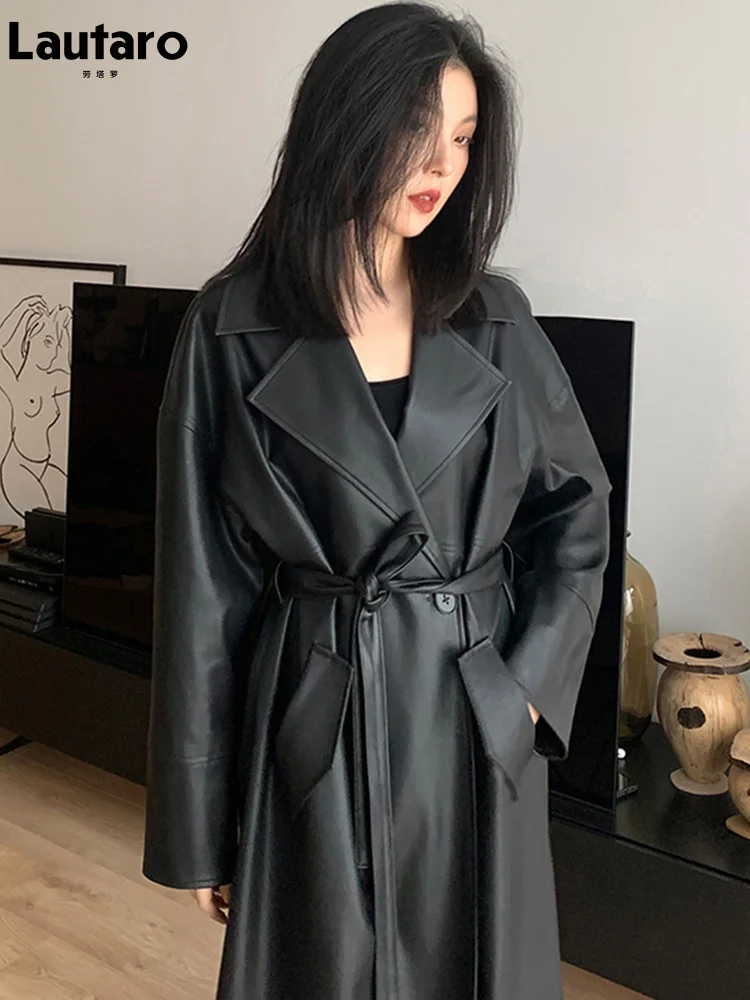 

Lautaro Spring Autumn Long Oversized Black Leather Trench Coat for Women Sashes Single Button Loose Stylish Korean Fashion