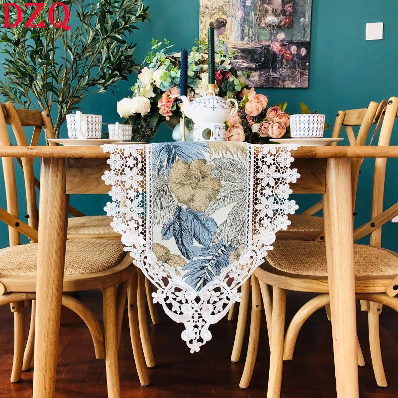 

American Retro Flowers Hollow Lace Table Runner Living Room TV Cabinet Tablecloth Handmade Tablecloth Small Piano Cover #Q004