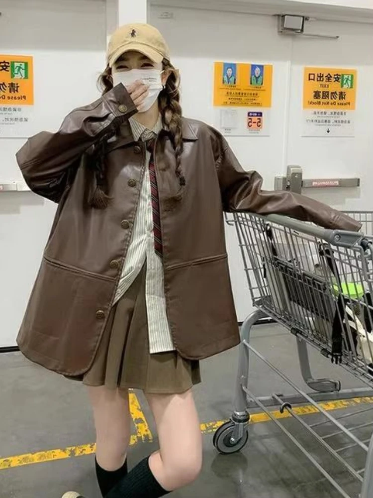 Весенняя модная новая женская кожаная куртка с откидным воротником однобортное