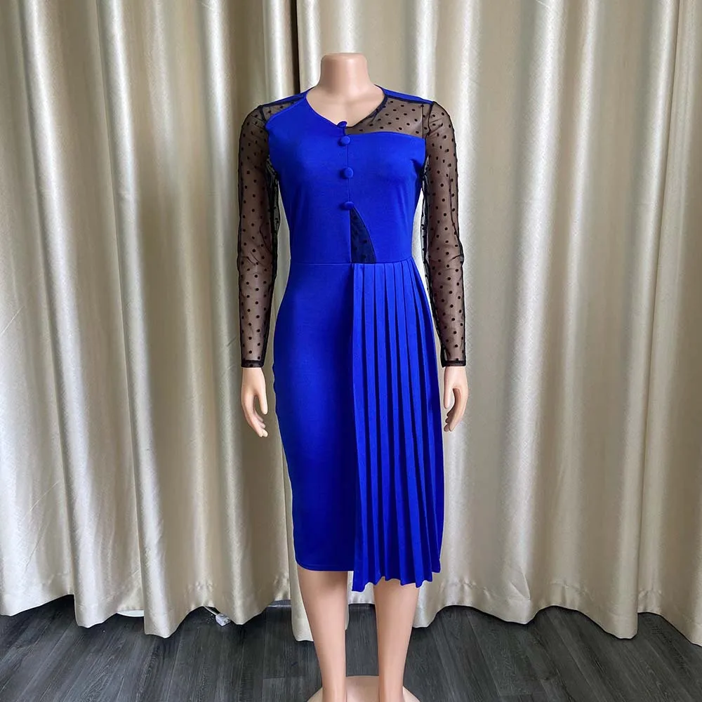 

Women Bodycon Dress See Through Sleeve Polka Dot Mesh Patchwork Sheath Pleated Transparent Slim Elegant Office Lady African