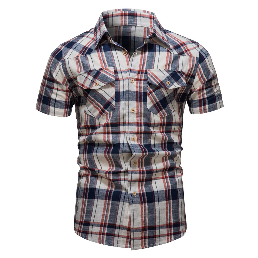 Summer New Casual Cotton Plaid Shirts for Men Luxury Men's Social Shirts Short Sleeve Checkered Men's Clothing