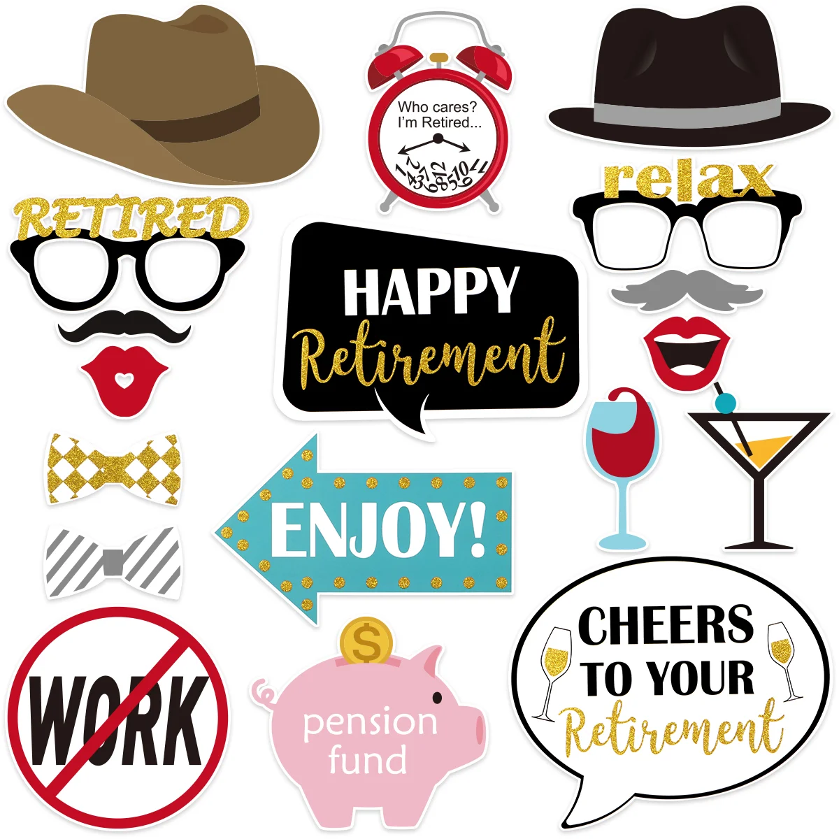 

18PCS Retired Party Photo Booth Props Retirement Selfie Decoration Retirement Party Photo Props Retirement Photo Backdrop