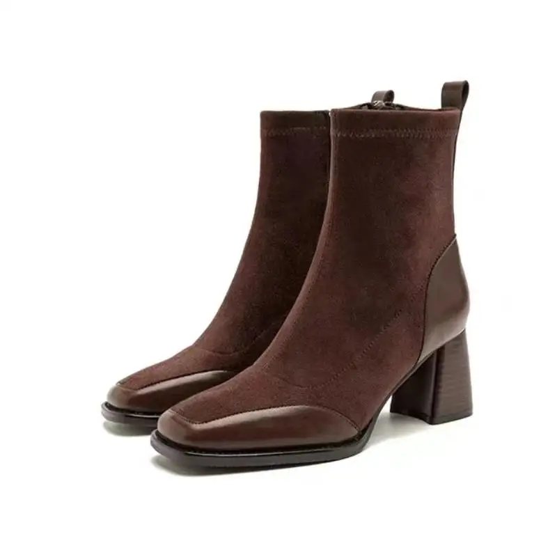 

Women's Boots Square Toe Solid Shoes for Women Trend Outdoor Short Tube Boots Square Heel Zippered High Heels Zapatos De Mujer