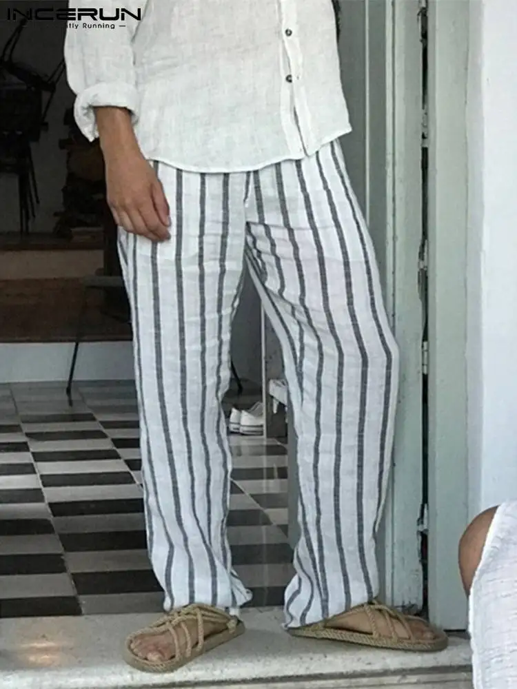 

Men Casual Pants Striped Drawstring Joggers Loose Vintage Straight Trousers Men 2022 Streetwear Leisure Pantalon S-5XL INCERUN