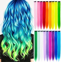 clip in one piece color hair long wavy colorful rainbow synthetic hair extensions 22 inch party highlights for women kids girls