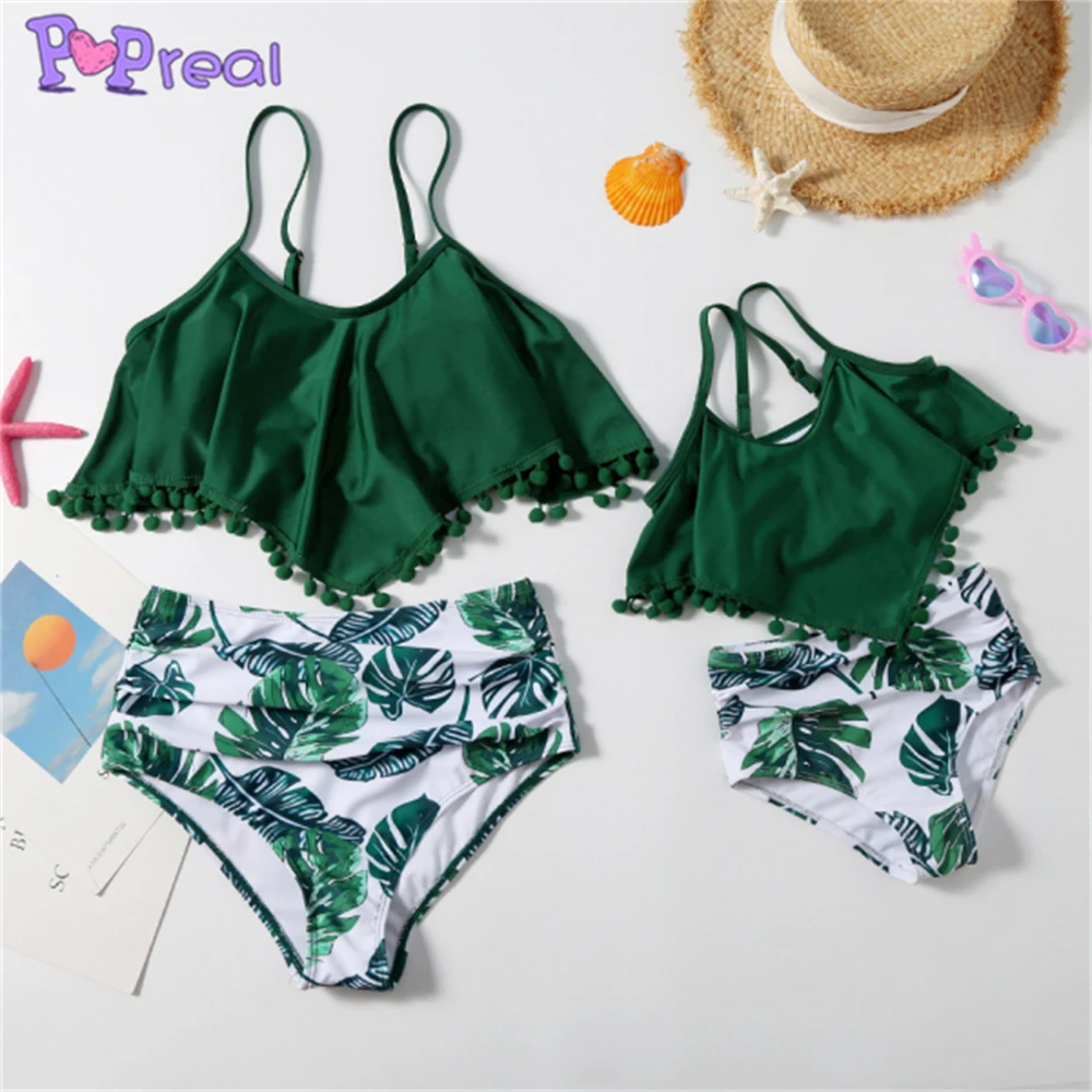 

PopReal Mother Daughter Swimsuits Summer Green Leaf Print Irregular Tassel Mommy And Me Swimwear Bikini Family Look