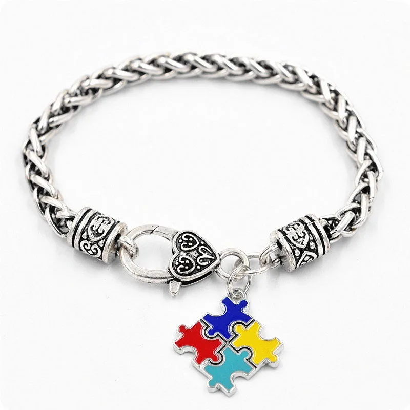 

Autism Awareness Puzzle Pieces Charm Bracelet Colorful Enamel Jigsaw Pendants Antique Silver Plated Bracelets for Men Women