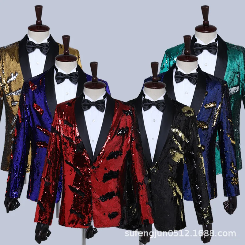 

HOO 2023 Men's Qing Guo Floral Collar Sequined Suit Jacket Stage Singer Host Performance Studio blazer