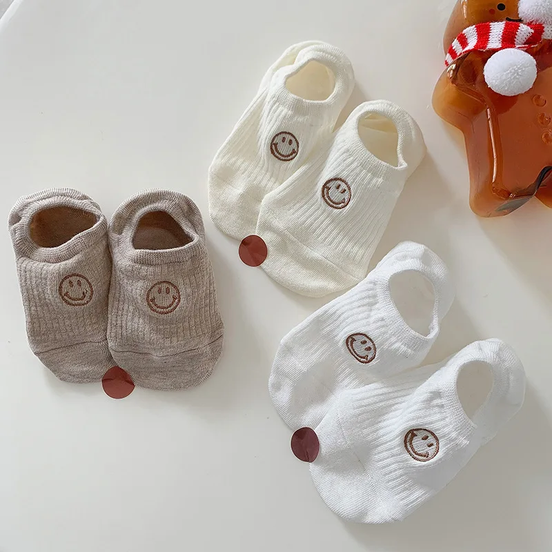 5Pairs Cotton Women's Socks Embroidered Smiley Face Solid Color Boat Socks for Women Summer Silicone Non-slip Invisible Sock