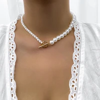 lacteo trendy imitation pearls chain choker necklaces for women men simple ot buckle asymmetrical chain necklace jewelry gifts