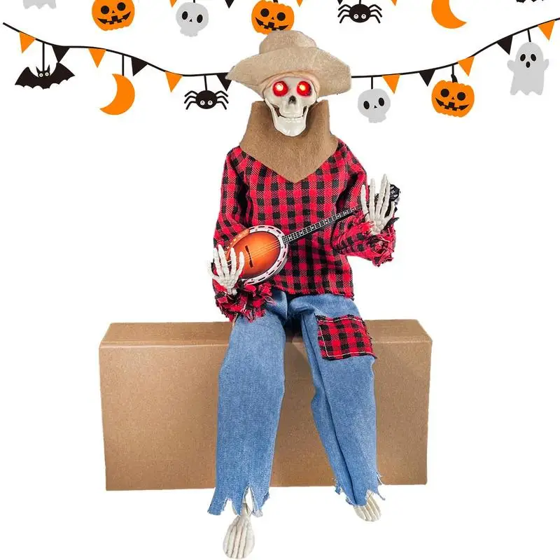 

Halloween Rock Singer Glowing Animated Banjo Skeletons For Haunted House Garden Door Patio Graveyard Animated Banjo Decoration