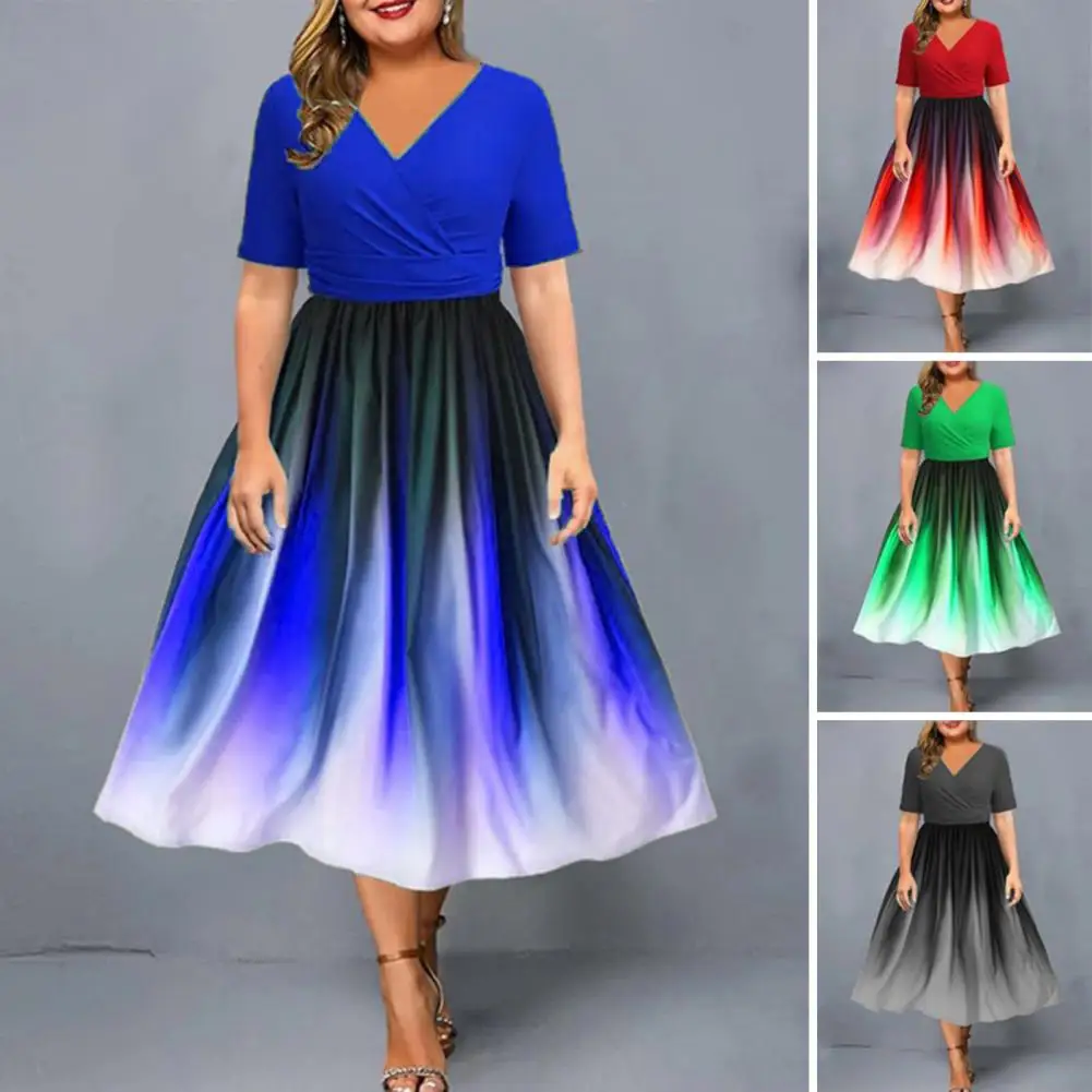 

Women Party Dress Swing Design Short Sleeves V-neck Prom Dress Gradient Color Dress-up Loose Hem Summer Dress Women Clothing