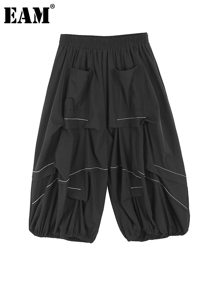 

[EAM] High Elastic Waist Black Topstitch Long Wide Leg Pants New Loose Fit Trousers Women Fashion Spring Autumn 2022 1DF0611
