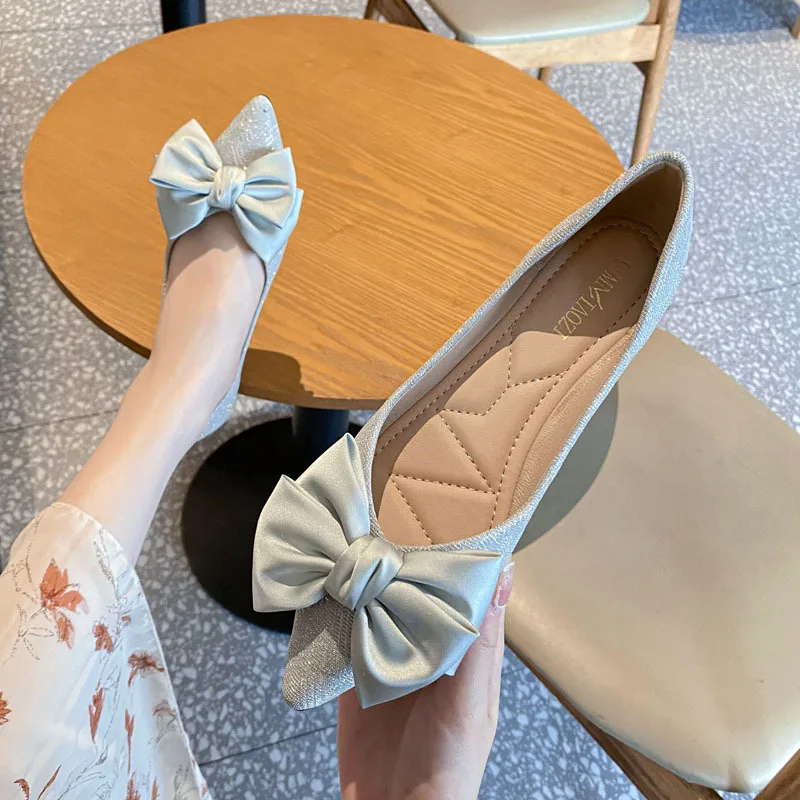 Size33-43 Women Pointed Toe Flats Pumps Bowknot Decoration Wedding Girl Party Shoes Soft Soles Slip on Loafers Office Lady Shoes
