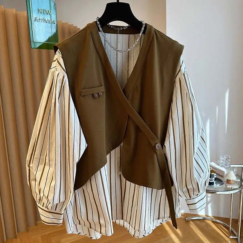 

DUOFAN 2023 Long Sleeve Shirts Women Casual Vest Splice Striped Shirt Fake Two Piece Design Blouses Autumn Loose V-neck Blusas