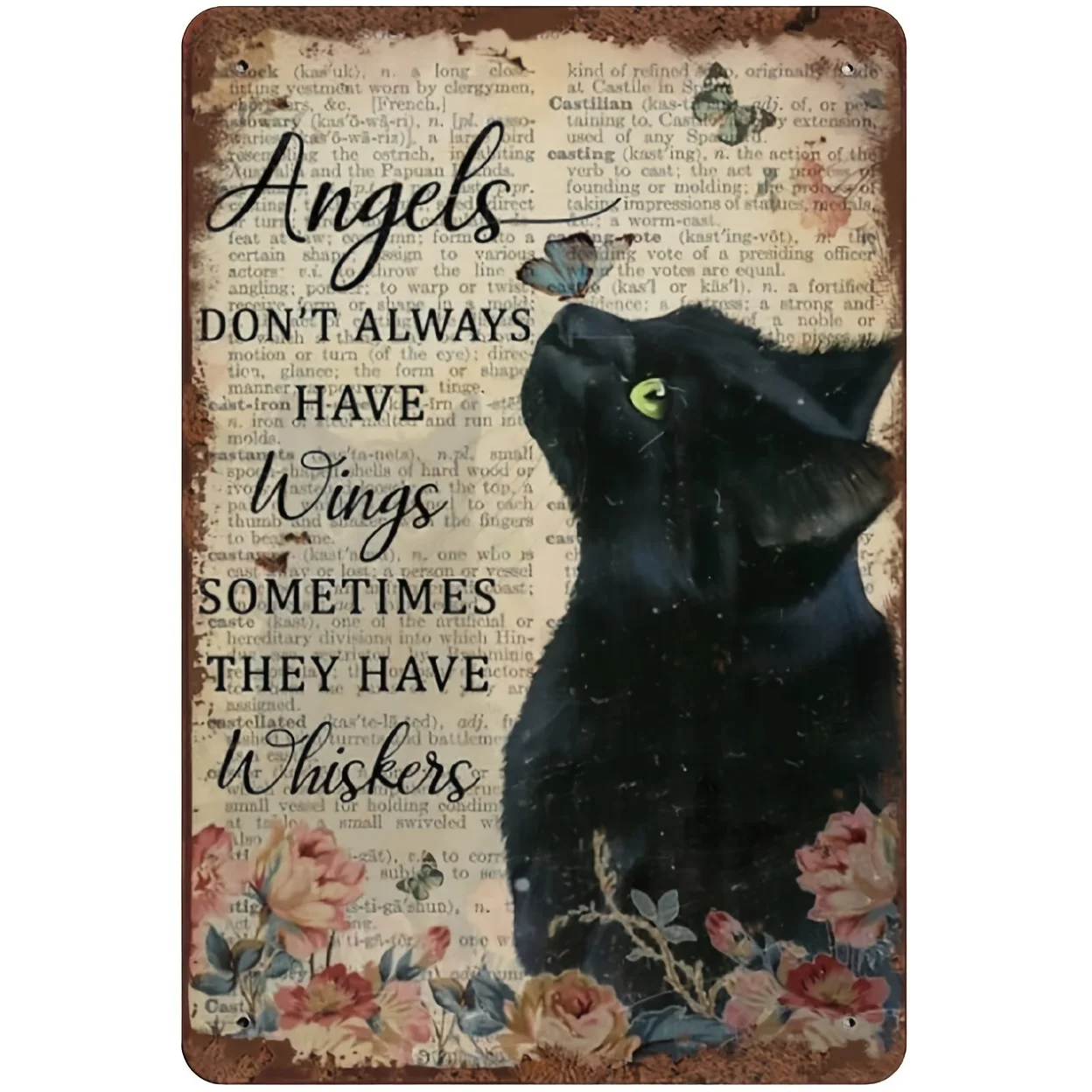 

B Vintage Floral Black Cat Metal Tin Sign Plaque Metal Man Cave Bar Pub Club Home Wall Decoration 12x8 Inches