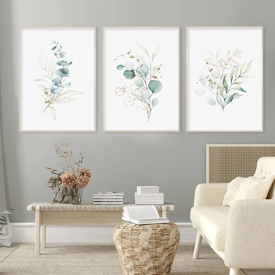 

Plant Canvas Painting Nordic Art Prints Golden And Green Leaves Poster Abstract Posters Modern Wall Pictures Living Room Decor
